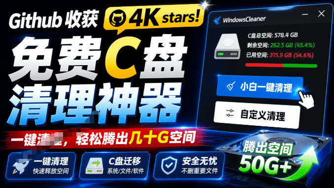 Github收获4K stars!免费C盘清理神器,轻松腾出几十G空间,支持C盘迁移Windows Cleaner-智云网