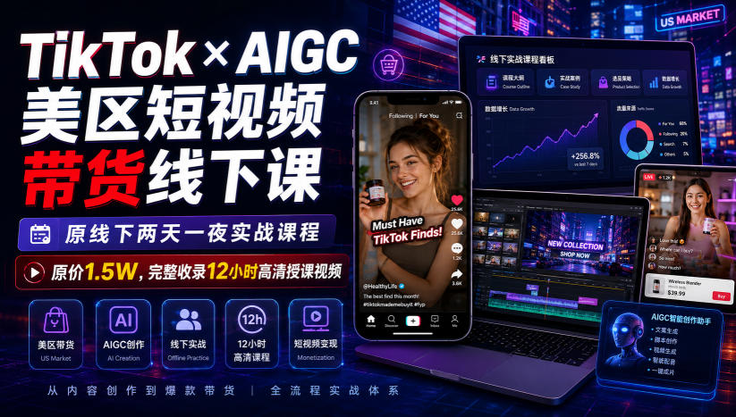 TikTok×AIGC美区短视频带货线下课，原线下两天一夜实战课程，原价1.5W，完整收录12小时高清授课视频-智云网