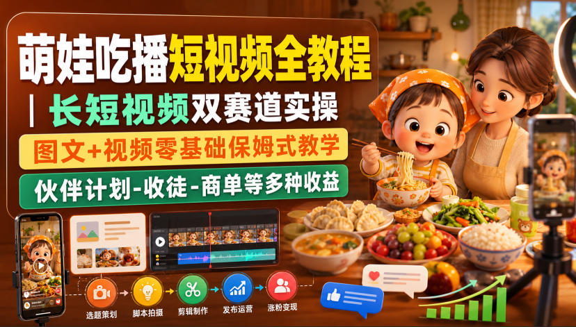 萌娃吃播短视频全教程｜长短视频双赛道实操，图文+视频零基础保姆式教学，伙伴计划-收徒-商单等多种变现方式-智云网