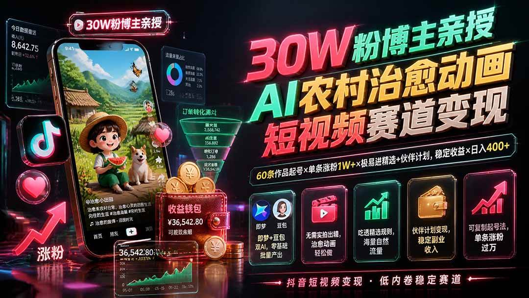 （19648期）30W粉博主亲授AI农村治愈动画短视频赛道变现：60条作品起号×单条涨粉1W+×极易进精选+伙伴计划，稳定收益×日入400+-智云网